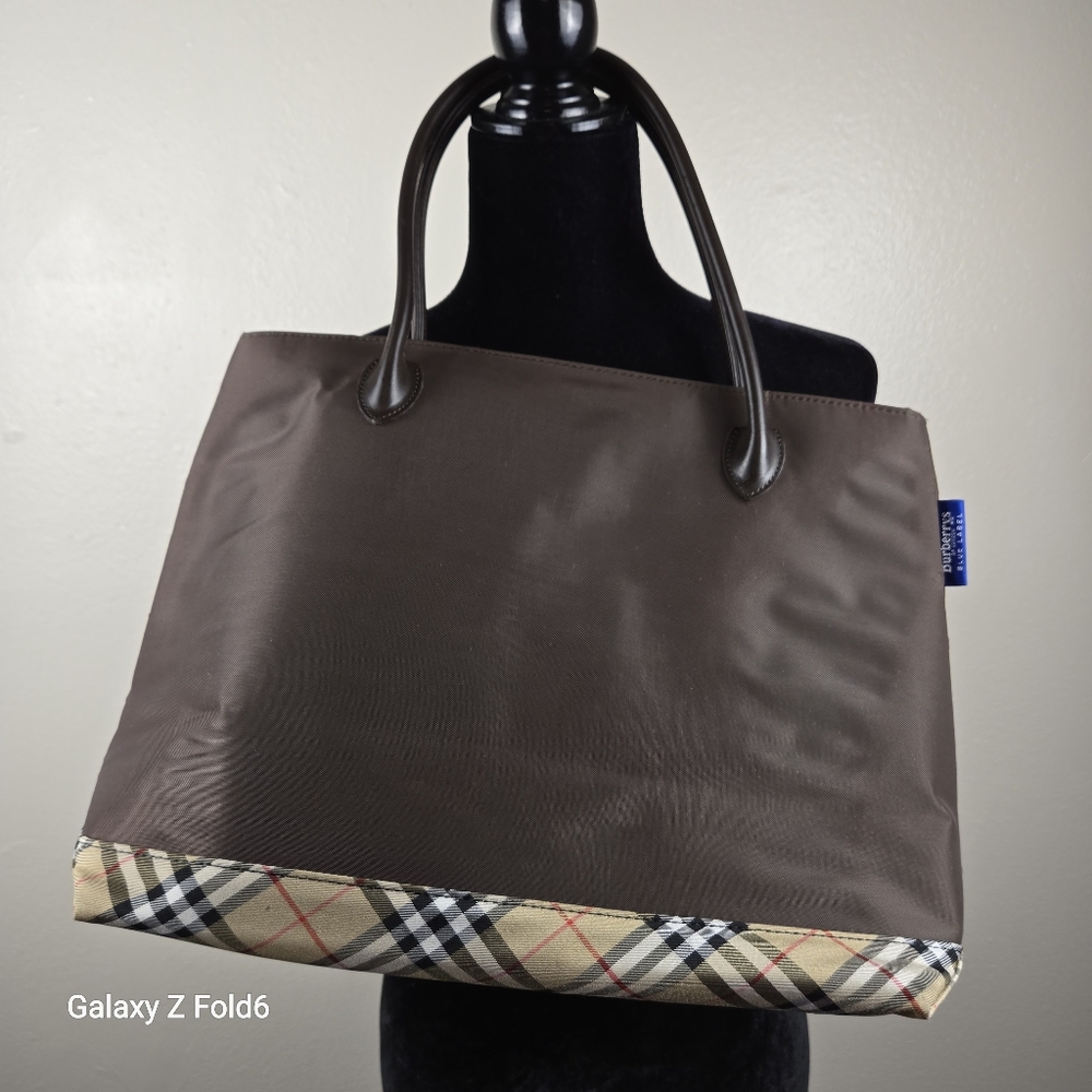 Burberrys Blue Label Nylon Plaid Trim Tote Bag Brown Japan Exclusive Discontinue - Picture 2 of 16